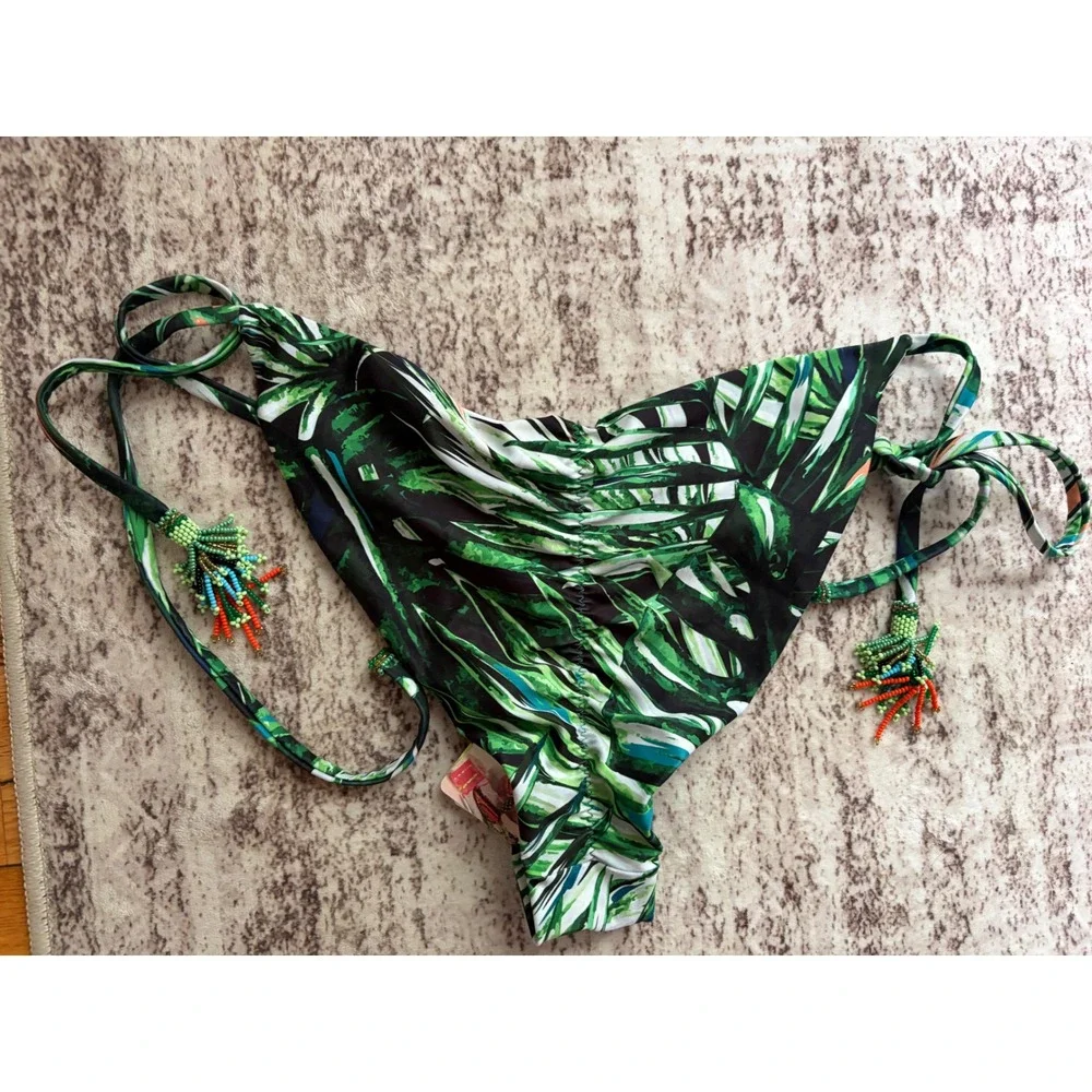 Agua Bendita Bikini Bottom‎ Tropical Print Beaded Tassels Side Ties Sz Large NWT